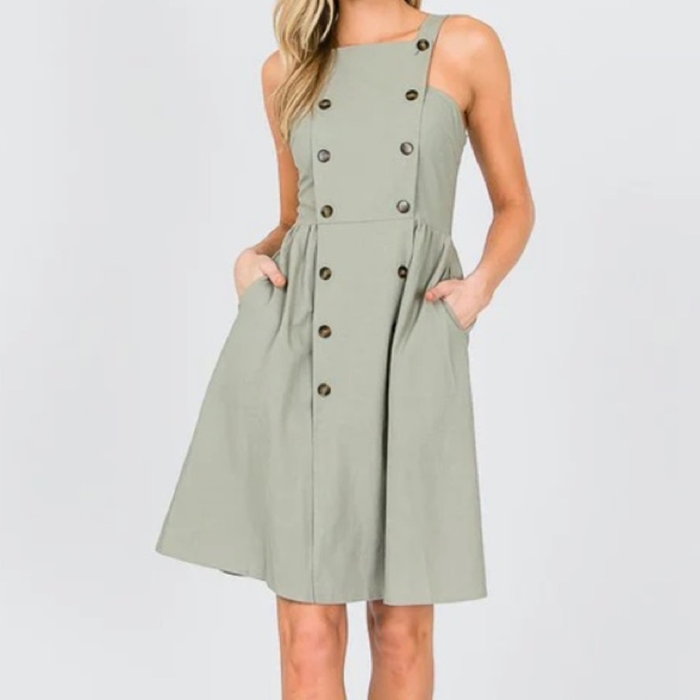 &Merci Medium Sage Green Button Front Apron Dress